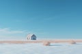 an empty house in the middle of a snowy field