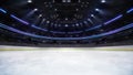 Empty ice rink arena inside view illuminated by spotlights