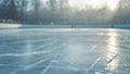 Empty ice rink reflecting sunlight on a cold winter day