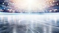 Empty ice skating arena with blurry bokeh lights. Festive background, scratched surface of the skating rink. Generative AI Royalty Free Stock Photo