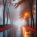 An empty illuminated rural paved road among trees and a village in the fog on a rainy autumn day Royalty Free Stock Photo