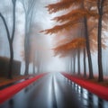 An empty illuminated rural paved road among trees and a village in the fog on a rainy autumn day Royalty Free Stock Photo