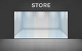 Empty illuminated store. Realistic exterior. Shop with glass showcase. View from the outside. Vector illustration.