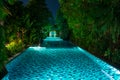 Empty, illuminated swimming pool, surrounded by green palm trees at night Royalty Free Stock Photo