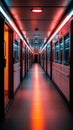 Empty illuminated train corridor with red and blue lights at night Royalty Free Stock Photo