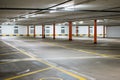 Empty illuminated underground car parking space large area wide angle view no people Royalty Free Stock Photo