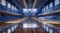 Empty indoor basketball court with wooden floor reflective ambient light. Natural light floods in through high windows