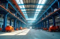 Empty industrial hall with modern architecture. Large structure metal beams, supports. Empty space with industrial machines,