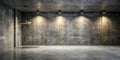 Empty industrial interior space with concrete wall and floor, illuminated by pendant and ceiling lights. Generative AI Royalty Free Stock Photo