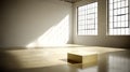 Empty industrial loft space with large windows and golden light on a cube room Royalty Free Stock Photo