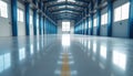 Empty industrial warehouse interior with clean glossy epoxy floor, bright natural light from high windows. Durable, smooth Royalty Free Stock Photo