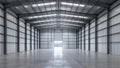 Empty industrial warehouse interior with open door and natural light Royalty Free Stock Photo