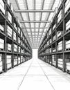 Empty industrial warehouse interior with tall shelves full of boxes. Structured aisles stretch into the distance under a beamed Royalty Free Stock Photo