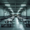 Empty Institutional Cafeteria with Rows of Tables and Benches dining hall Royalty Free Stock Photo