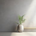 Empty interior background of room with gray stucco or concrete wall. Decorative vase with grass. 3d rendering