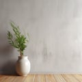 Empty Interior background of room with white gray stucco or concrete wall and natural wood paneling. Decorative vase with plant Royalty Free Stock Photo