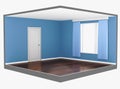Empty interior of a blue room with a large window and a dark parquet Royalty Free Stock Photo