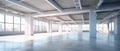 Empty interior of commercial building or modern wide open space hall with large windows and city view. Generative AI Royalty Free Stock Photo