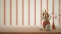 Empty interior design concept, wooden table, desk or shelf close up in orange tones. Ceramic and glass vases with dry plants, Royalty Free Stock Photo