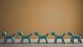 Empty interior design concept, wooden table or shelf with line of blue stylized dogs, dog friendly concept, love for animals,