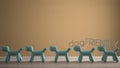 Empty interior design concept, wooden table or shelf with line of blue stylized dogs, dog friendly concept, love for animals,