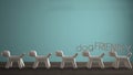 Empty interior design concept, wooden table or shelf with line of five stylized dogs, dog friendly concept, love for animals,