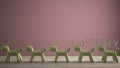 Empty interior design concept, wooden table or shelf with line of green stylized dogs, dog friendly concept, love for animals,