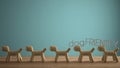 Empty interior design concept, wooden table or shelf with line of yellow stylized dogs, dog friendly concept, love for animals,