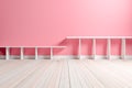 Empty interior light pink room with white shelf and wooden floor