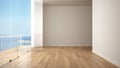 Empty interior with parquet floor and big panoramic terrace. Sea ocean panorama with blue sky in the background. Eco house interio Royalty Free Stock Photo