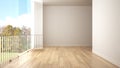 Empty interior with parquet floor and big panoramic window. Meadow with green grass, trees and blue sky in the background. Eco hou Royalty Free Stock Photo