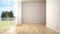 Empty interior with parquet floor and big panoramic window. Meadow with green grass, trees and blue sky in the background Royalty Free Stock Photo