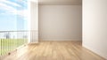 Empty interior with parquet floor and big panoramic window. Meadow with green grass, trees and blue sky in the background Royalty Free Stock Photo