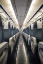 Empty interior of a passenger train car aka coach or carriage . Rows of unoccupied seats and folding tables in economy