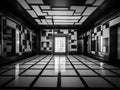 Empty interior room featuring a checkered floor pattern of black and white tiles, AI-generated. Royalty Free Stock Photo