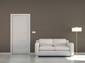 Empty interior scene with sofa and brown door