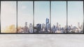 Empty interior space, concrete floor with glass wall and modern buildings in the city view Royalty Free Stock Photo