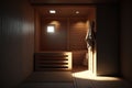 Empty interior of traditional Finnish sauna room. Modern wooden spa therapy cabin with hot dry steam, Generative AI Royalty Free Stock Photo