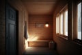 Empty interior of traditional Finnish sauna room. Modern wooden spa therapy cabin with window and winter landscape, Generative AI Royalty Free Stock Photo