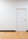 Empty interior with white wall, white door and wooden floor