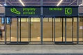 Empty international airport entrance in Katowice, Poland. Travel and journey concept. Aviation and transportation concept.