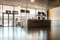 Empty international airport gate front desk with numbered signs in peak season during global pandemic