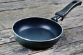 Empty iron pan on a wooden table