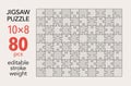 Empty jigsaw puzzle grid template, 10x8 shapes, 80 pieces. Separate matching puzzle elements.