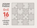 Empty jigsaw puzzle grid template, 4x4 shapes, 16 pieces. Separate matching puzzle elements.