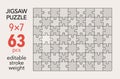 Empty jigsaw puzzle grid template, 9x7 shapes, 63 pieces. Separate matching puzzle elements.