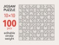 Empty jigsaw puzzle grid template, 10x10 shapes, 100 pieces. Separate matching puzzle elements.