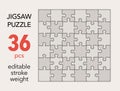 Empty jigsaw puzzle grid template, 6x6 shapes, 36 pieces. Separate matching puzzle elements.