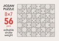 Empty jigsaw puzzle grid template, 8x7 shapes, 56 pieces. Separate matching puzzle elements.