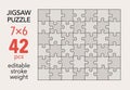 Empty jigsaw puzzle grid template, 7x6 shapes, 42 pieces. Separate matching puzzle elements.